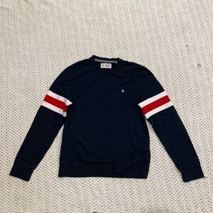 Original Penguin Navy Crewneck Sweater with Red & White Arm Stripes